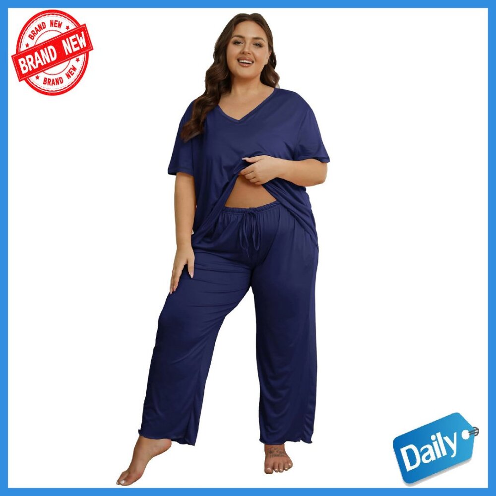 Plus Size Pajama Set Short Sleeve Long Pants Soft Stretchy Loungewear